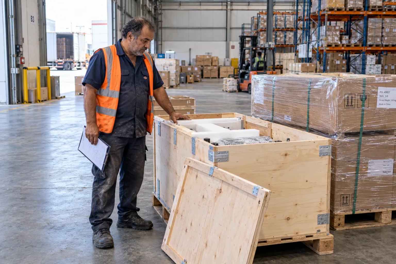 A warehouse worker checks an open timber crate beside cargo awaiting packing.