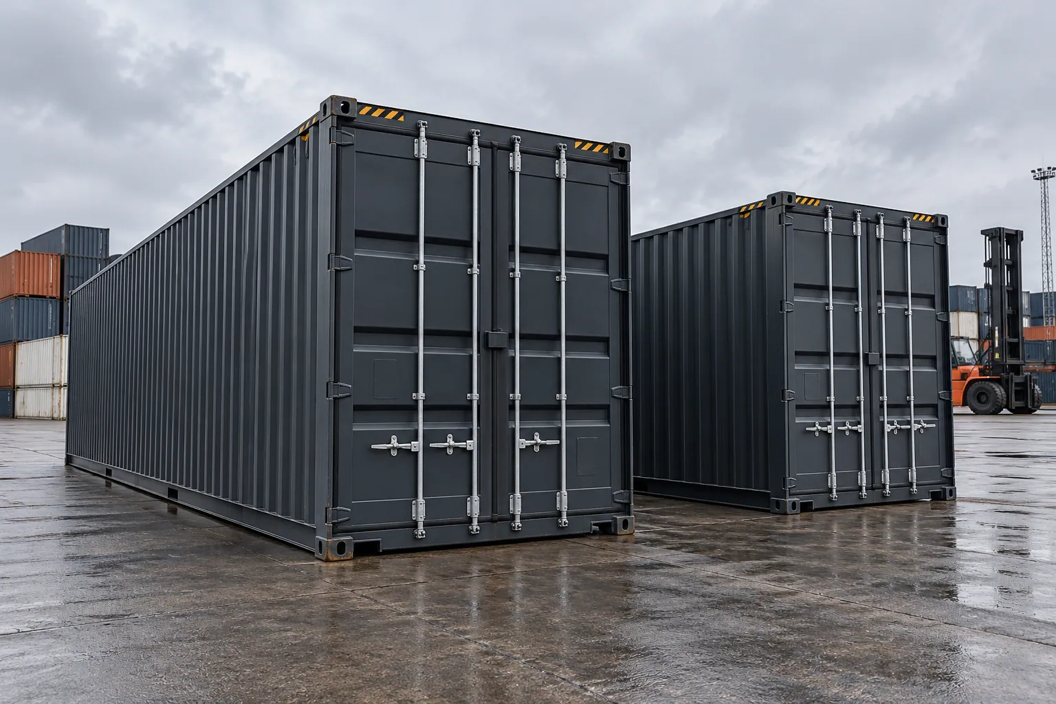 Two dark shipping containers stand separately in a working depot.
