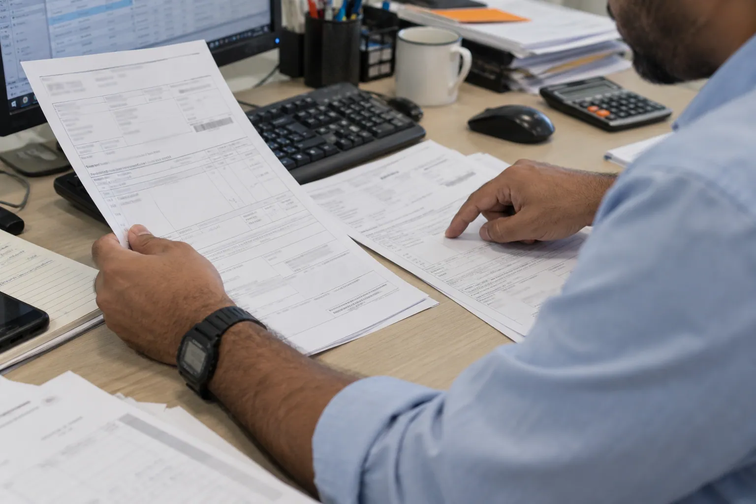 An operator compares printed shipping document revisions at a desk.